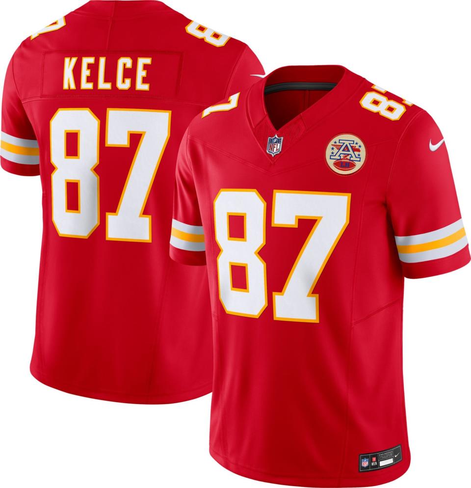 <p><a href="https://go.redirectingat.com?id=74968X1596630&url=https%3A%2F%2Fwww.dickssportinggoods.com%2Fp%2Fnike-mens-kansas-city-chiefs-travis-kelce-87-vapor-limited-red-jersey-23nikmnflchfstklckcca%2F23nikmnflchfstklckcca&sref=https%3A%2F%2F" rel="nofollow noopener" target="_blank" data-ylk="slk:Shop Now;elm:context_link;itc:0;sec:content-canvas" class="link ">Shop Now</a></p><p>Kansas City Chiefs Travis Kelce #87 Jersey</p><p>dickssportinggoods.com</p><p>$175.00</p><span class="copyright">Dick's Sporting Goods</span>