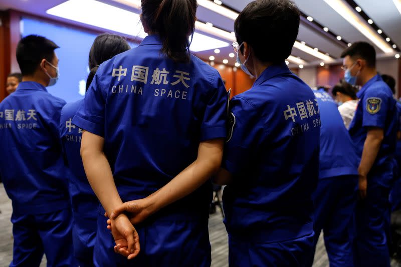 News conference before the Shenzhou-12 mission to build China's space station, Jiuquan Satellite Launch Center in Gansu province