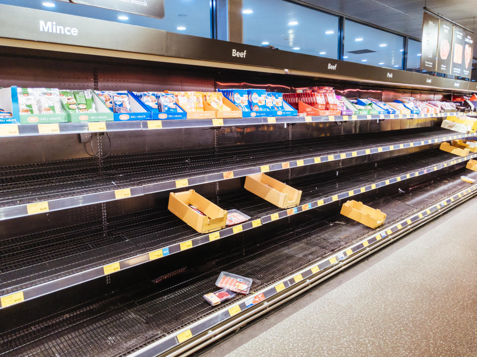 Empty supermarket shelves were a common sight just weeks before the UK lockdown in March. Credit: Getty.