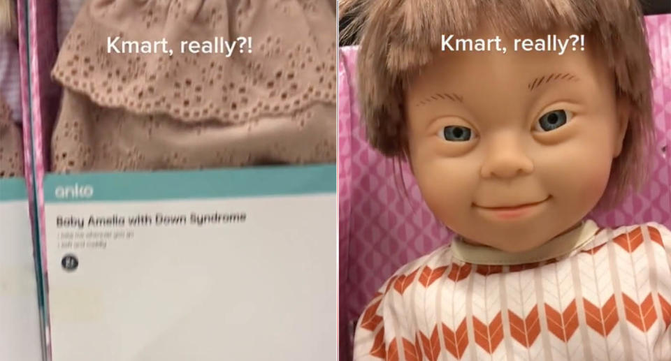 Screenshots of the TikTok showing Kmart Down Syndrome dolls. 