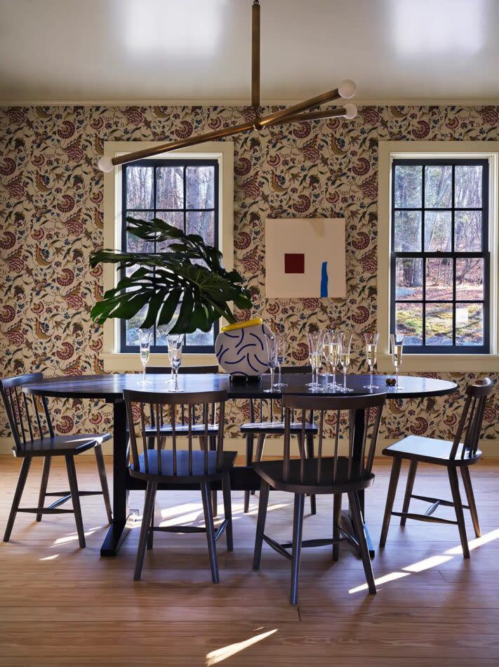 A patterned 80s style dining area