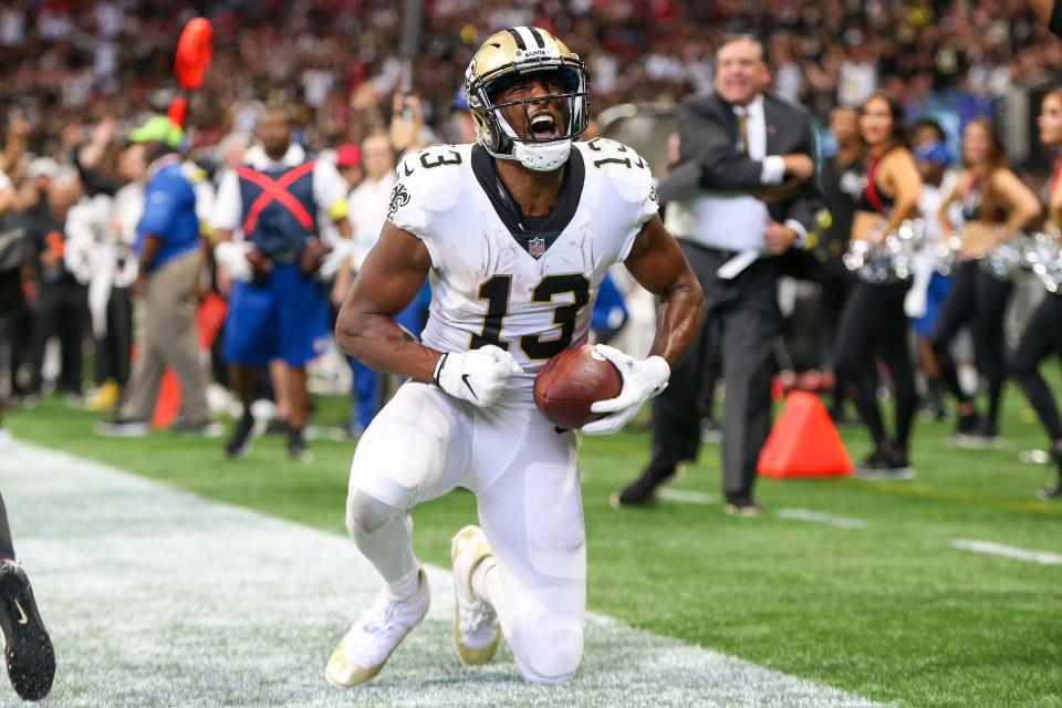 Sep 11, 2022; Atlanta, Georgia, USA; New Orleans Saints wide receiver Michael Thomas (13) celebrates after a touchdown against the Atlanta Falcons in the fourth quarter at Mercedes-Benz Stadium.