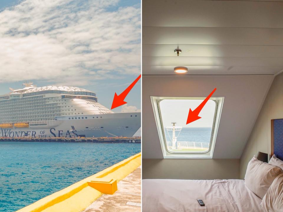 Arrows point to two different views of the front of a cruise ship: outside (L) and inside of the stateroom (R)