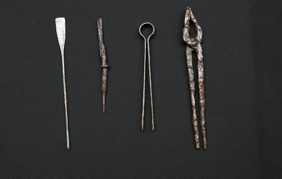 Four of the tools discovered inside the Hungarian tomb