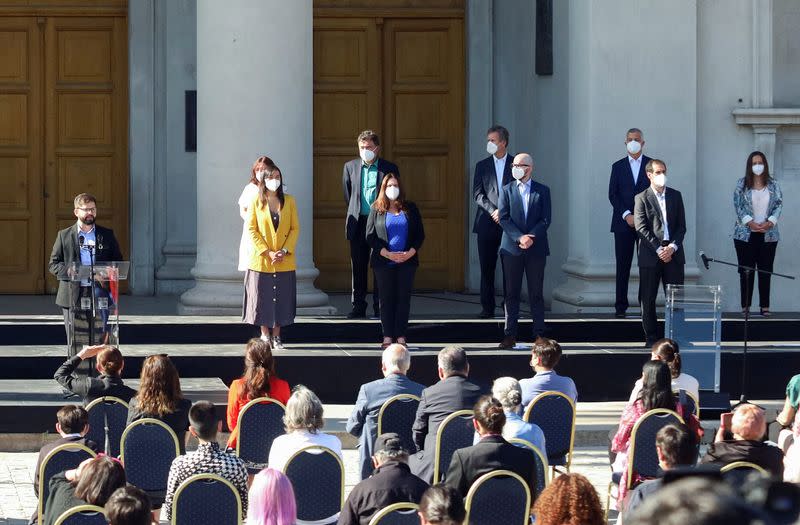 Chilean President-elect Gabriel Boric speaks during the presentation of his first cabinet in Santiago