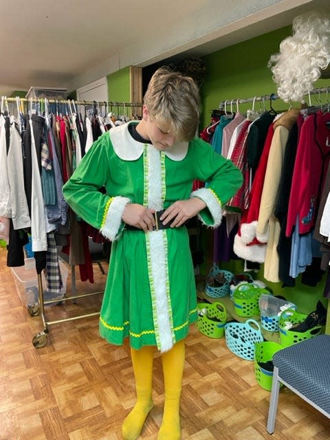 Lucien Crane gives his “Elf: The Musical Jr.” costume a test run at a rehearsal. The play runs at Knoxville Children’s Theatre from Dec. 1-17. Nov. 15, 2023