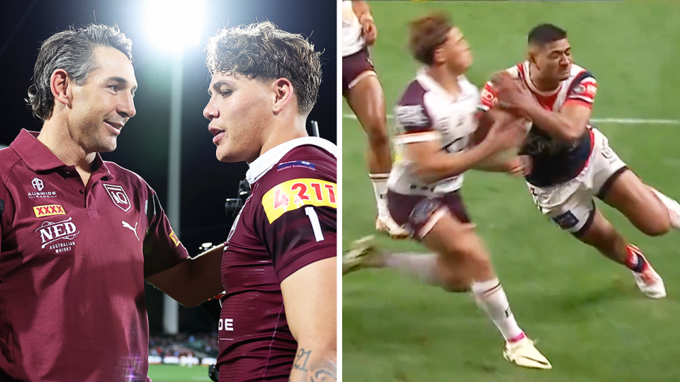 Maroons coach Billy Slater (pictured far left) has backed the decision to only hand Reece Walsh a fine for his shoulder charge on Daniel Tupou (pictured right) after NRL fans were left frustrated. (Images: Getty Images/Fox Sports)