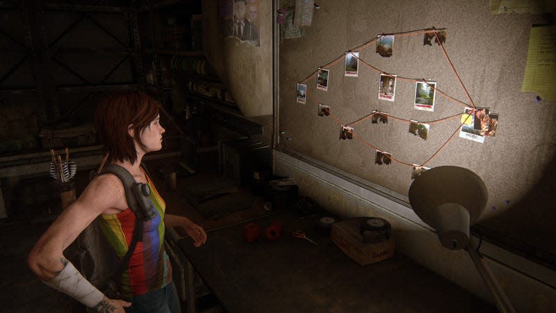 Ellie looks at a No Return route on a corkboard.