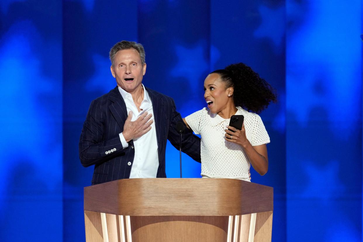 Tony Goldwyn and Kerry Washington appear on stage during the final day of the Democratic National Convention at the United Center.