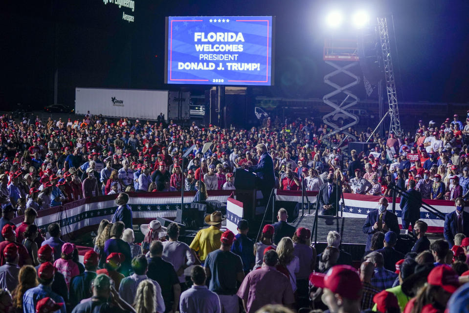 President Donald Trump speaks during a campaign rally at Pensacola International Airport, Friday, Oct. 23, 2020, in Pensacola, Fla. (AP Photo/Evan Vucci)