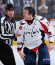 <p>Alex Ovechkin #8 of the Washington Capitals is pulled away from a fight against Brandon Dubinsky #17 of the New York Rangers on December 12, 2010 at Madison Square Garden in New York City. The Rangers defeat the Capitals 7-0. (Photo by Scott Levy/NHLI via Getty Images) </p>