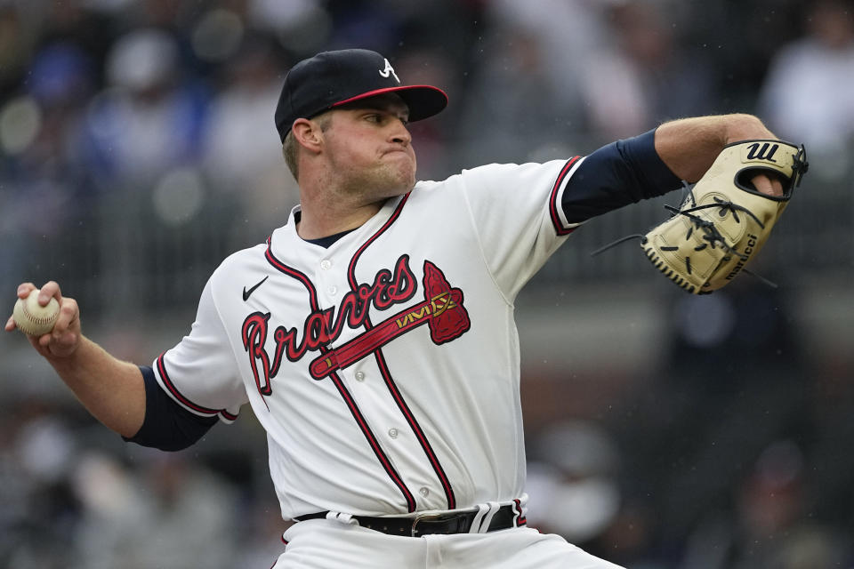 Atlanta Braves starting pitcher Bryce Elder delivers in the first inning of the team's baseball game against the Miami Marlins on Wednesday, April 26, 2023, in Atlanta. (AP Photo/John Bazemore)