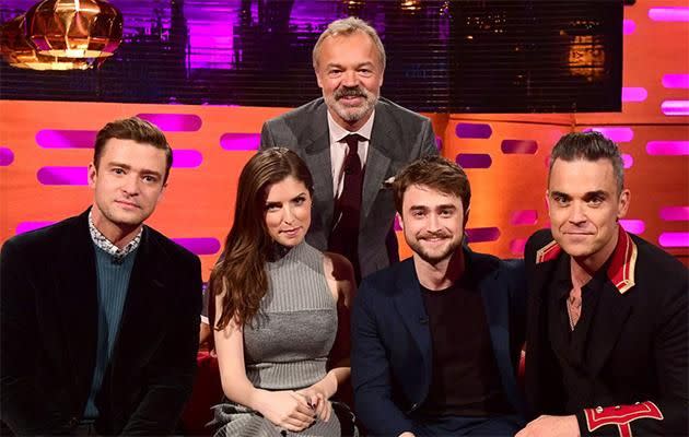 Robbie with Graham Norton, Justin Timberlake, Anna Kendrick and Daniel Radcliffe. Source: BBC