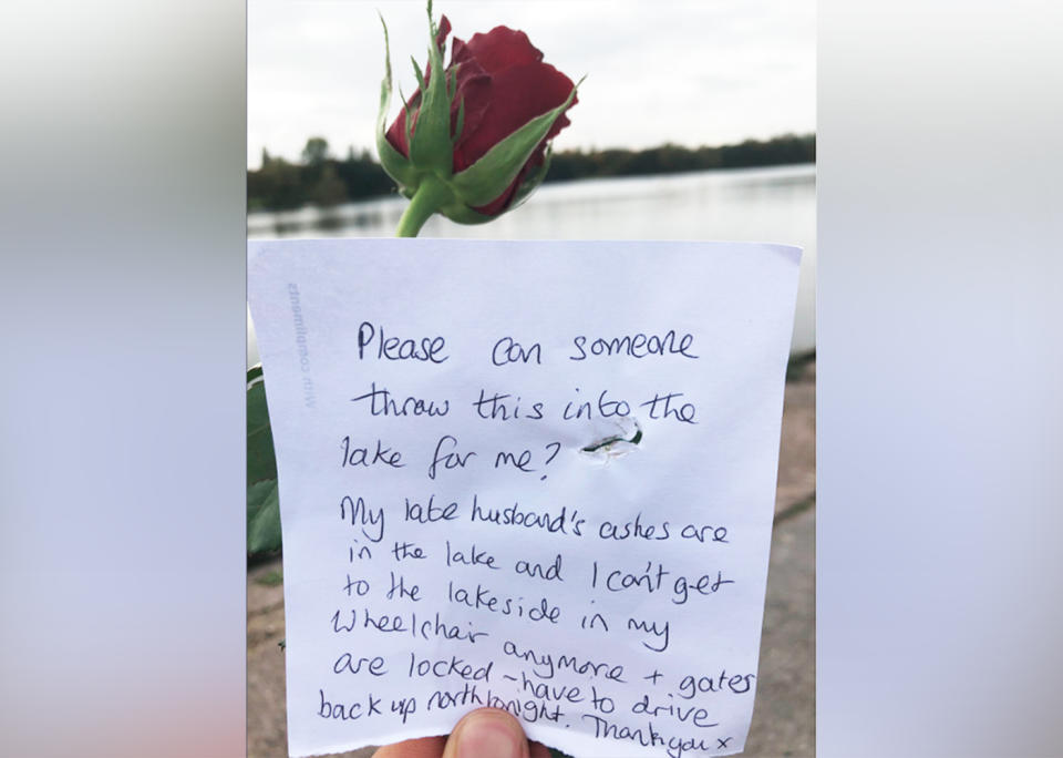 A grieving widow left a note by a Birmingham UK lakeside gate to throw a rose in the water for her dead husband.