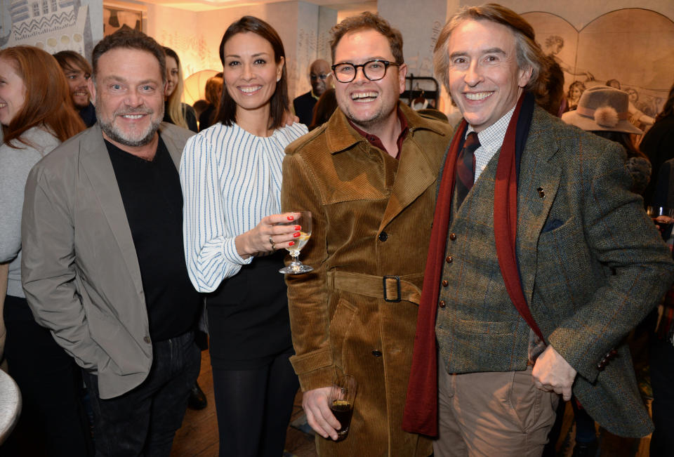 LONDON, ENGLAND - JANUARY 08: (L to R) John Thomson, Melanie Sykes, Alan Carr and Steve Coogan attend a special screening of "Stan & Ollie" at The Soho Hotel on January 8, 2019 in London, England. (Photo by David M. Benett/Dave Benett/Getty Images) 