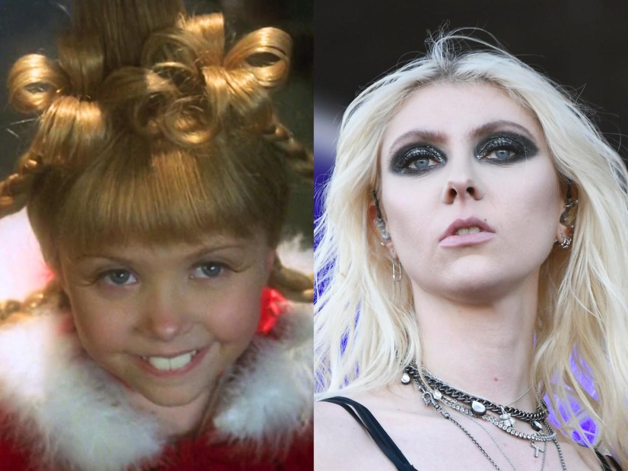 Taylor Momsem in the 2000 movie "How The Grinch Stole Christmas" and in 2023.