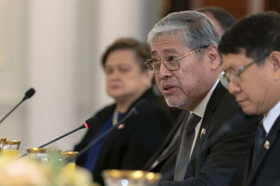 Philippines Foreign Affairs Secretary Enrique Manalo speaks during a bilateral meeting with Secretary of State Antony Blinken at Department of State in Washington, Friday April 12, 2024. (AP Photo/Jose Luis Magana)