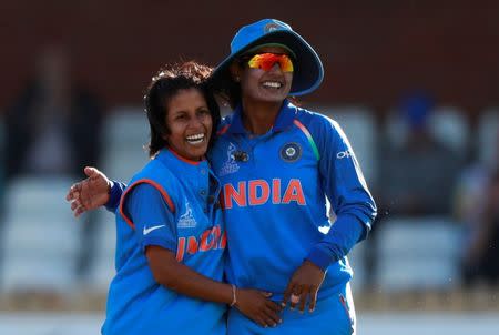 Cricket - Australia vs India - Women's Cricket World Cup Semi Final - Derby, Britain - July 20, 2017 India's Poonam Yadev celebrates taking the wicket of Australia's Ashleigh Gardner Action Images via Reuters/Jason Cairnduff