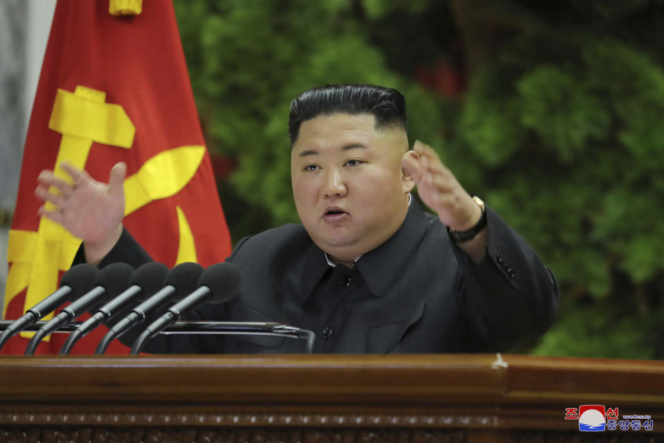 In this Saturday, Dec. 28, 2019, photo provided by the North Korean government, North Korean leader Kim Jong Un gestures while speaking during a Workers’ Party meeting in Pyongyang, North Korea. North Korea opened a high-profile political conference to discuss how to overcome “harsh trials and difficulties," state media reported Sunday, Dec. 29, 2019, days before a year-end deadline set by Pyongyang for Washington to make concessions in nuclear negotiations. Independent journalists were not given access to cover the event depicted in this image distributed by the North Korean government. The content of this image is as provided and cannot be independently verified. Korean language watermark on image as provided by source reads: "KCNA" which is the abbreviation for Korean Central News Agency. (Korean Central News Agency/Korea News Service via AP)