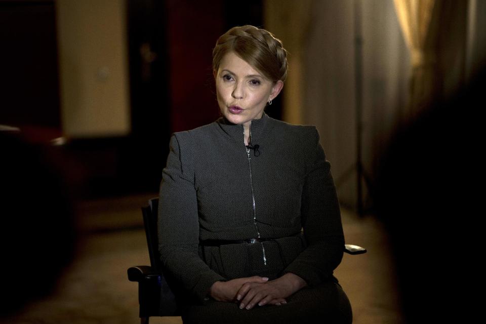 Former Ukrainian Prime Minister Yulia Tymoshenko poses for a photo during an interview with the Associated Press in Kiev, Ukraine, Wednesday, March 5, 2014. Tymoshenko says the West must force Russia to withdraw troops from the Crimean peninsula and that Ukraine should not agree to any compromises with Russia. (AP Photo / Emilio Morenatti)