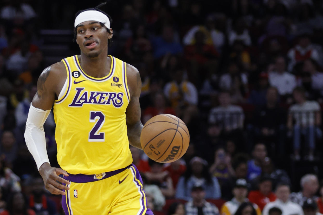 HOUSTON, TEXAS - MARCH 15: Jarred Vanderbilt #2 of the Los Angeles Lakers in action against the Houston Rockets during the second half at Toyota Center on March 15, 2023 in Houston, Texas. NOTE TO USER: User expressly acknowledges and agrees that, by downloading and or using this photograph, User is consenting to the terms and conditions of the Getty Images License Agreement. (Photo by Carmen Mandato/Getty Images)