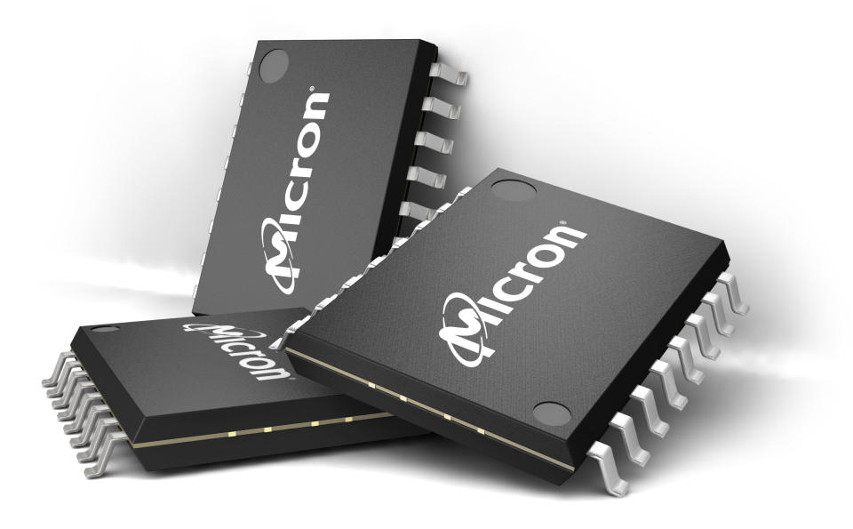 Three semiconductor chips with Micron logo.