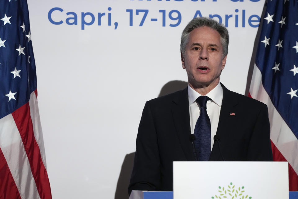 U.S. Secretary of State Antony Blinken meets the journalists during a press conference at the G7 Foreign Ministers meeting on Capri Island, Italy, Friday, April 19, 2024. (AP Photo/Gregorio Borgia)