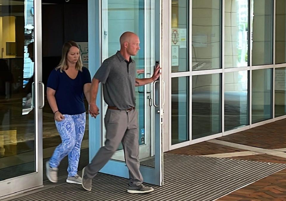 Amber Rewis Bruey, 35, and Anthony James Bruey, 36, leave federal court in Fort Myers after a judge sentenced the former Lehigh Acres couple to federal prison Wednesday despite the woman being newly pregnant. The judge termed their theft as "greed." A federal indictment filed Aug. 25 against the Brueys charged them with conspiracy to commit wire fraud, wire fraud, conspiracy to commit money laundering, and illegal monetary transactions.