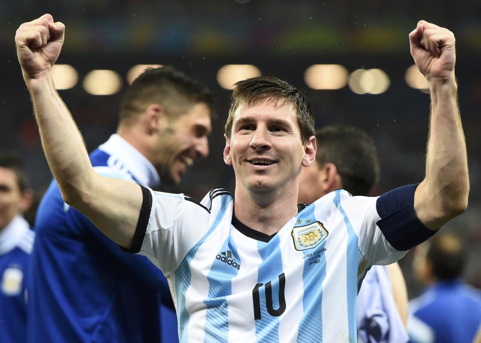 Argentina's Lionel Messi celebrates his team's win over the Netherlands after their 2014 World Cup semi-finals at the Corinthians arena in Sao Paulo July 9, 2014. REUTERS/Dylan Martinez