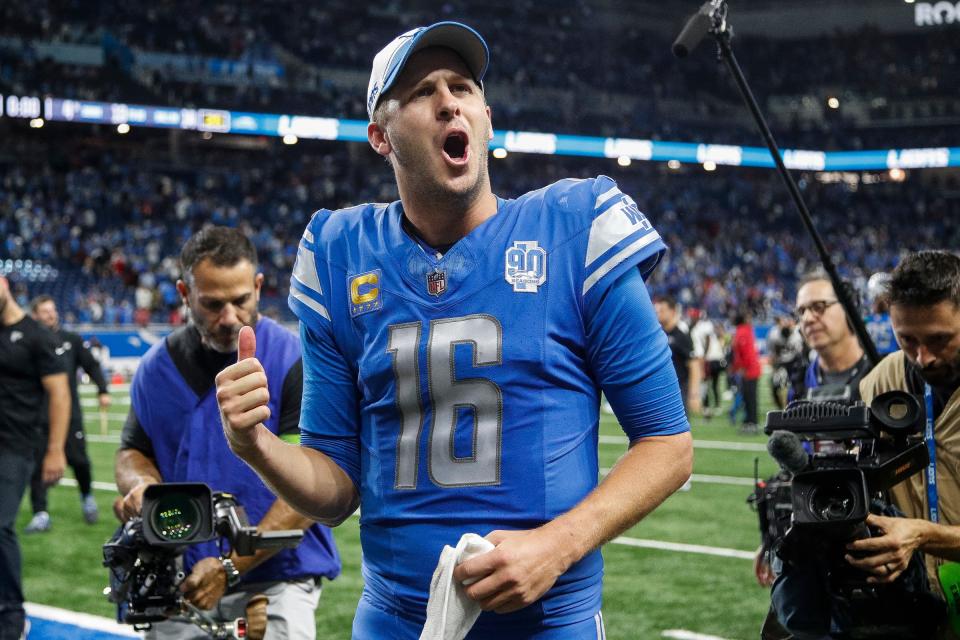 Detroit Lions quarterback Jared Goff celebrates 20-6 win over Atlanta Falcons at Ford Field in Detroit on Sunday, Sept. 24, 2023.