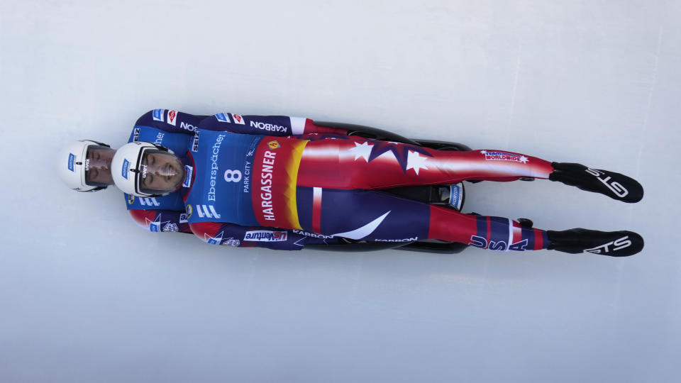 United States' Zachary Di Gregorio and Sean Hollander compete in the men's doubles at a World Cup luge event Friday, Dec. 16, 2022, in Park City, Utah. (AP Photo/Rick Bowmer)