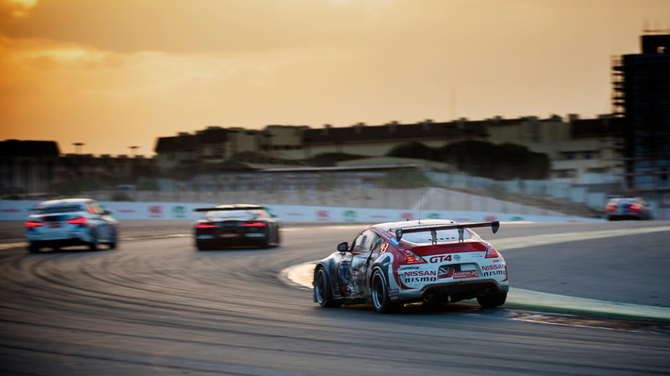 GT Academy graduates, Jann Mardenborough, Ricardo Sanchez, Romain Sarazin, and Johnny Guindi taking turns behind the wheel in a Nissan GT4 racer durung the 2017 Dubai 24 Hour.