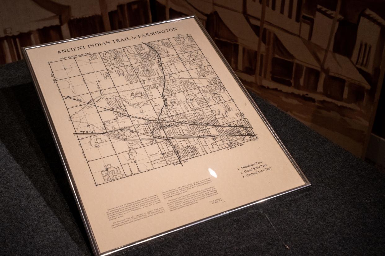 A map titled "Ancient Indian Trail of Farmington" is preserved in a selection of Farmington artifacts.