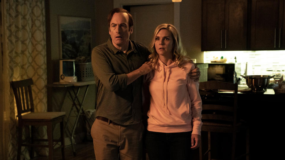 Bob Odenkirk as Saul Goodman, Rhea Seehorn as Kim Wexler  - Credit: Greg Lewis/AMC/Sony Pictures Tel