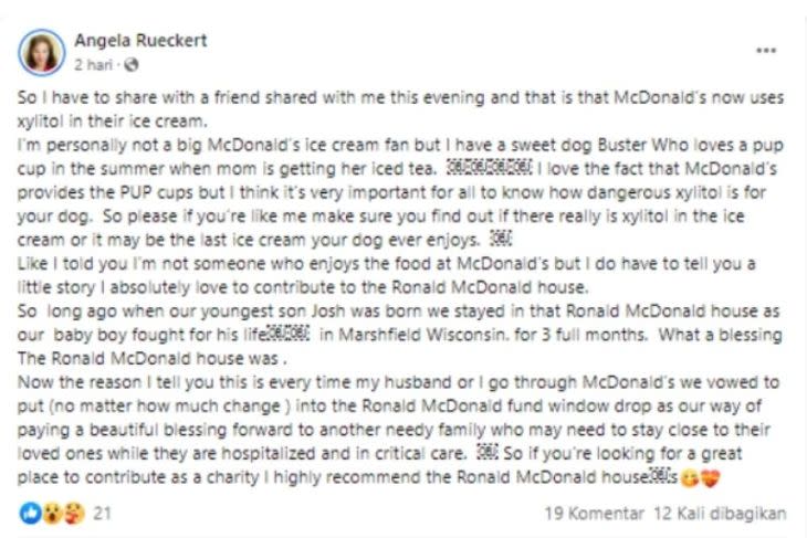 Unggahan hoaks yang menyebut es krim McDonald's mengandung xylitol sehingga berbahaya bagi anjing. (Facebook)