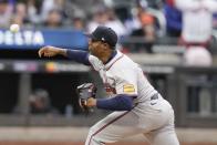 Atlanta Braves' Raisel Iglesias pitches during the ninth inning of a baseball game against the New York Mets, Saturday, May 11, 2024, in New York. (AP Photo/Frank Franklin II)