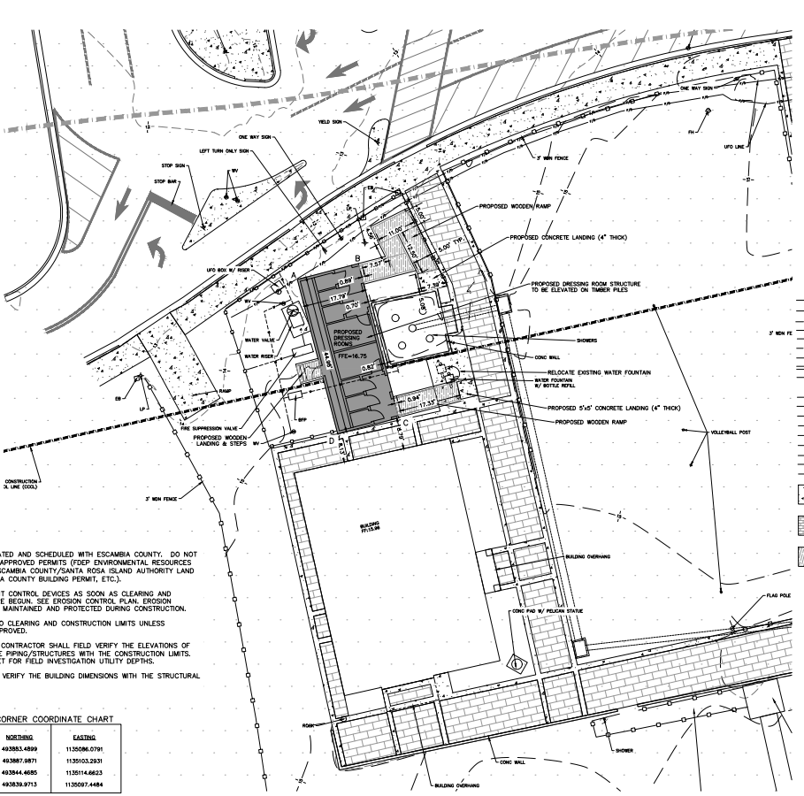 Site plans for a project by Escambia County to develop a new 800-square-foot structure in front of the Public Safety Building on Pensacola Beach