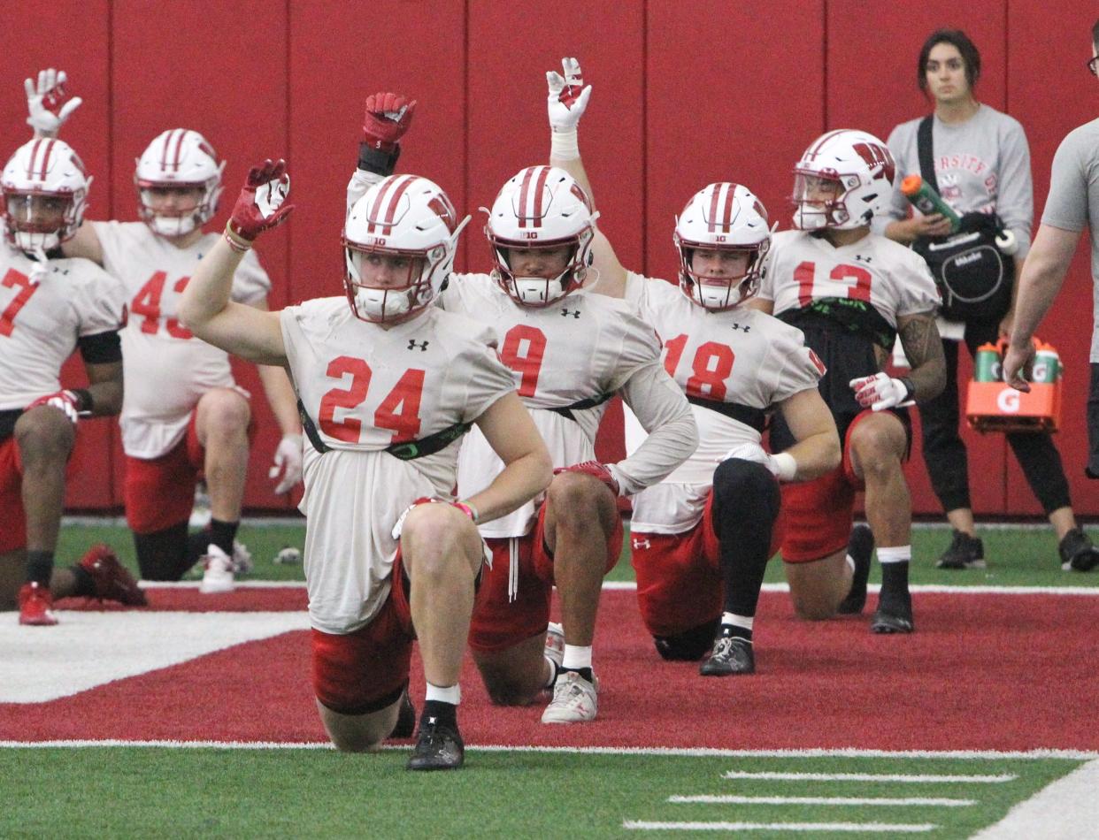 Wisconsin's Austin Brown (9) Brown has been working in the slot this spring but has showed he can still make impact plays as a safety.