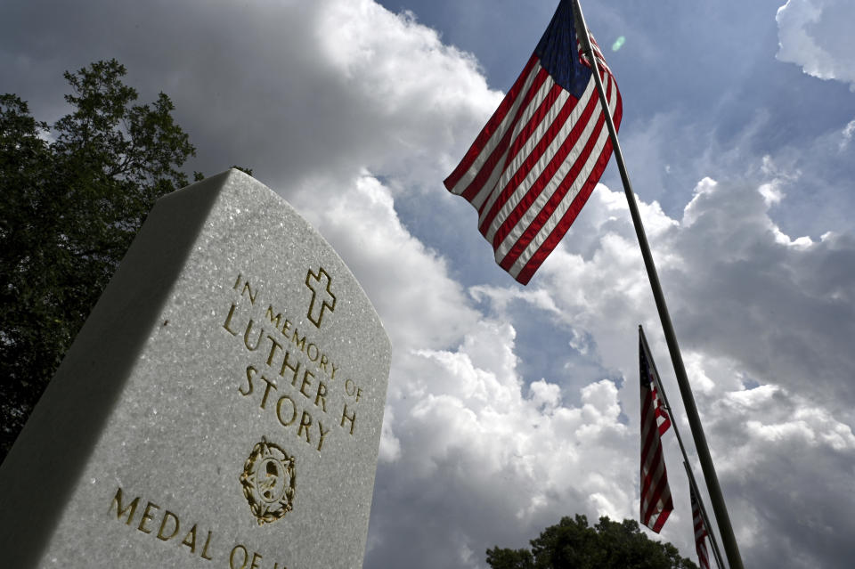 Picture shows headstone of Luther Story at Andersonville National Cemetery, Wednesday, May 17, 2023, in Andersonville, Georgia. Army Pfc. Luther Herschel Story was awarded the Medal of Honor after he went missing in battle during the Korean War is being buried on Memorial Day near his hometown in Georgia. Wounded Story was last seen on Sept. 1, 1950, when he stayed behind to cover his infantry unit's retreat. (Hyosub Shin/Atlanta Journal-Constitution via AP)