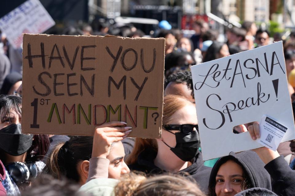 Students carrying signs protest a canceled commencement speech by its 2024 valedictorian (Copyright 2024 The Associated Press. All rights reserved.)