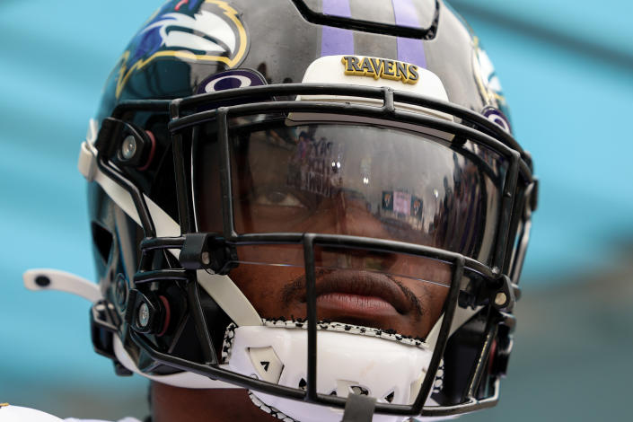 Nov 27, 2022; Jacksonville, Florida, USA;  Baltimore Ravens quarterback Lamar Jackson (8) enters the field for warm ups before a game against the against the Jacksonville Jaguars at TIAA Bank Field. Mandatory Credit: Nathan Ray Seebeck-USA TODAY Sports