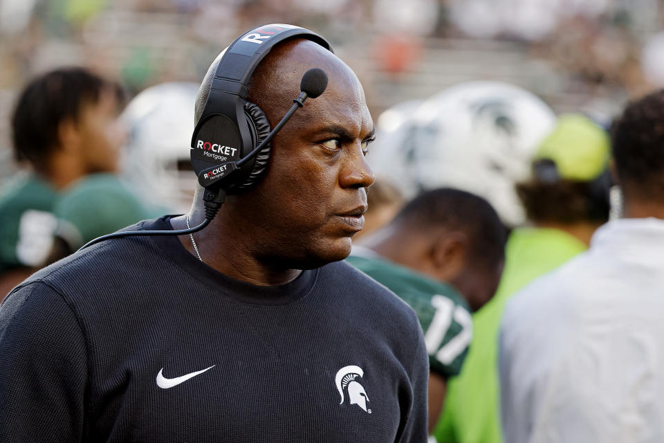 EAST LANSING, MICHIGAN - SEPTEMBER 09: Head coach Mel Tucker of the Michigan State Spartans looks on in the fourth quarter of a game agains the Richmond Spiders at Spartan Stadium on September 09, 2023 in East Lansing, Michigan. (Photo by Mike Mulholland/Getty Images)