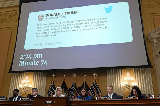 PHOTO: A tweet from former US President Donald Trump is displayed on a screen during a hearing by the House Select Committee to investigate the January 6th attack on the US Capitol in Washington, D.C., on July 21, 2022. (Saul Loeb/AFP via Getty Images)