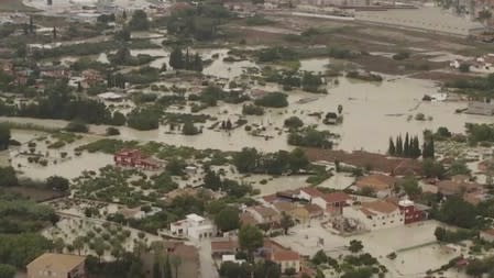 A still image taken from a drone footage shows a flooded area after heavy rainfall in Lorqui