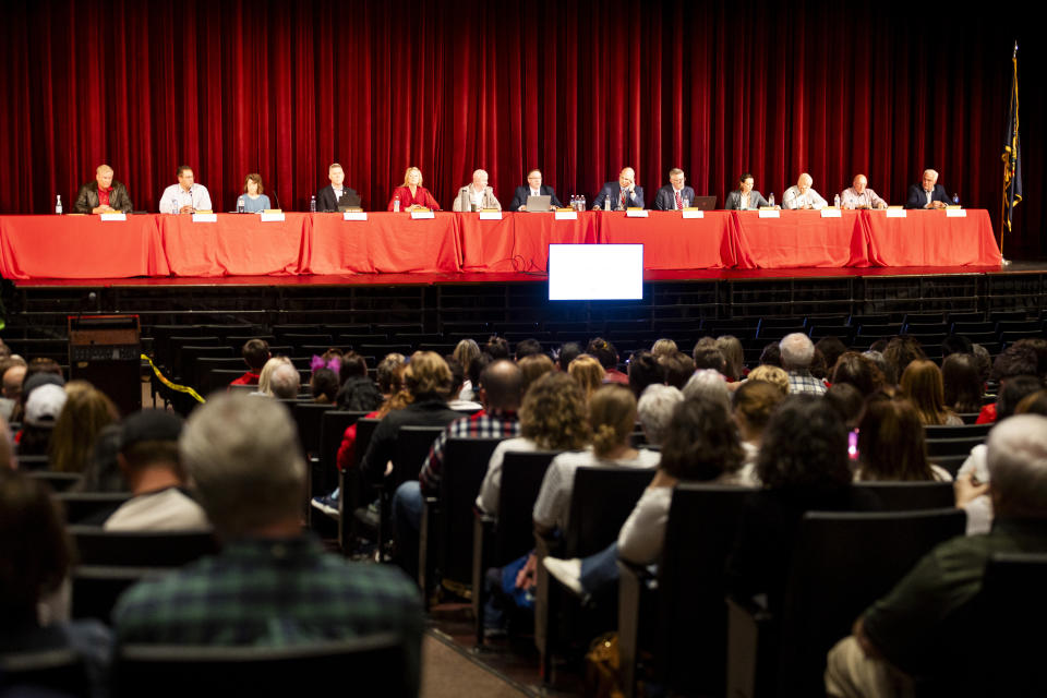 The Cumberland Valley School Board holds a special meeting to discuss their decision to cancel an assembly featuring Maulik Pancholy, Wednesday, April 24, 2024 in Mechanicsburg, Pa. The Cumberland Valley School District’s board voted 5-4 Wednesday to allow Pancholy, who is gay, to speak against bullying during a May 22 assembly at Mountain View Middle School. (Joe Hermitt/The Patriot-News via AP)