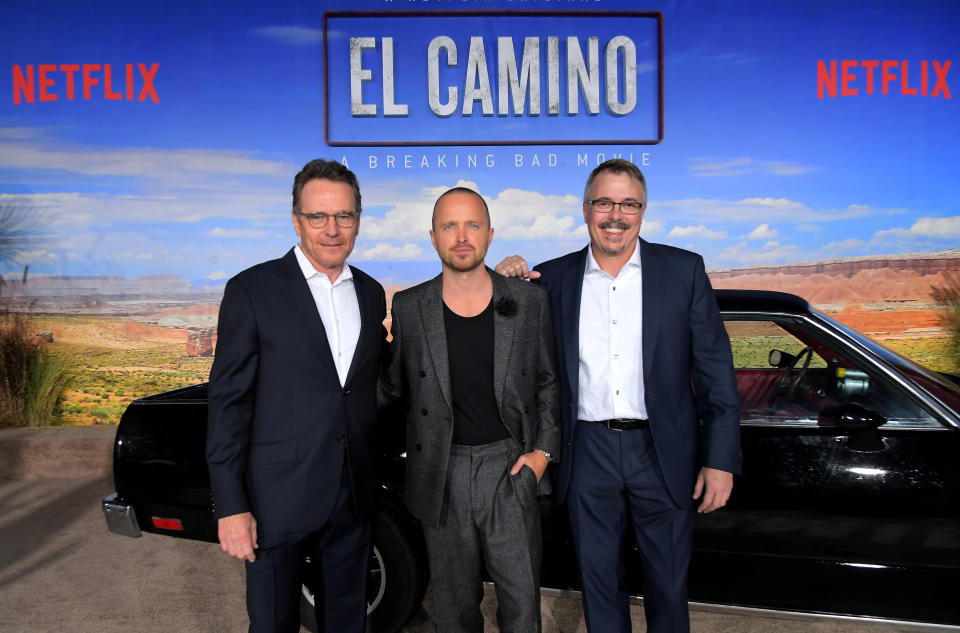 LOS ANGELES, CALIFORNIA - OCTOBER 07: (L-R) Bryan Cranston, Aaron Paul and Vince Gilligan attend the World Premiere of  