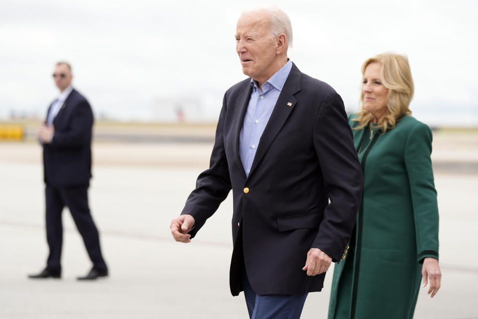 President Joe Biden and first lady Jill Biden arrive at Hartsfield-Jackson Atlanta International Airport, in Atlanta, Saturday, March 9, 2024. (AP Photo/Manuel Balce Ceneta)