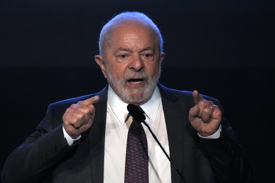 FILE - Brazil's President Luiz Inacio Lula da Silva speaks during the swearing-in ceremony of Tarciana Medeiros, the first woman to preside the Banco do Brasil, one of the country's main public banks, in Brasilia, Brazil, on Jan. 16, 2023. Lula fired Brazil's army chief Saturday, Jan. 21, 2023, amid concerns over threats to the country's democracy following the Jan. 8 uprising in the capital by far-right protesters. (AP Photo/Eraldo Peres, File)