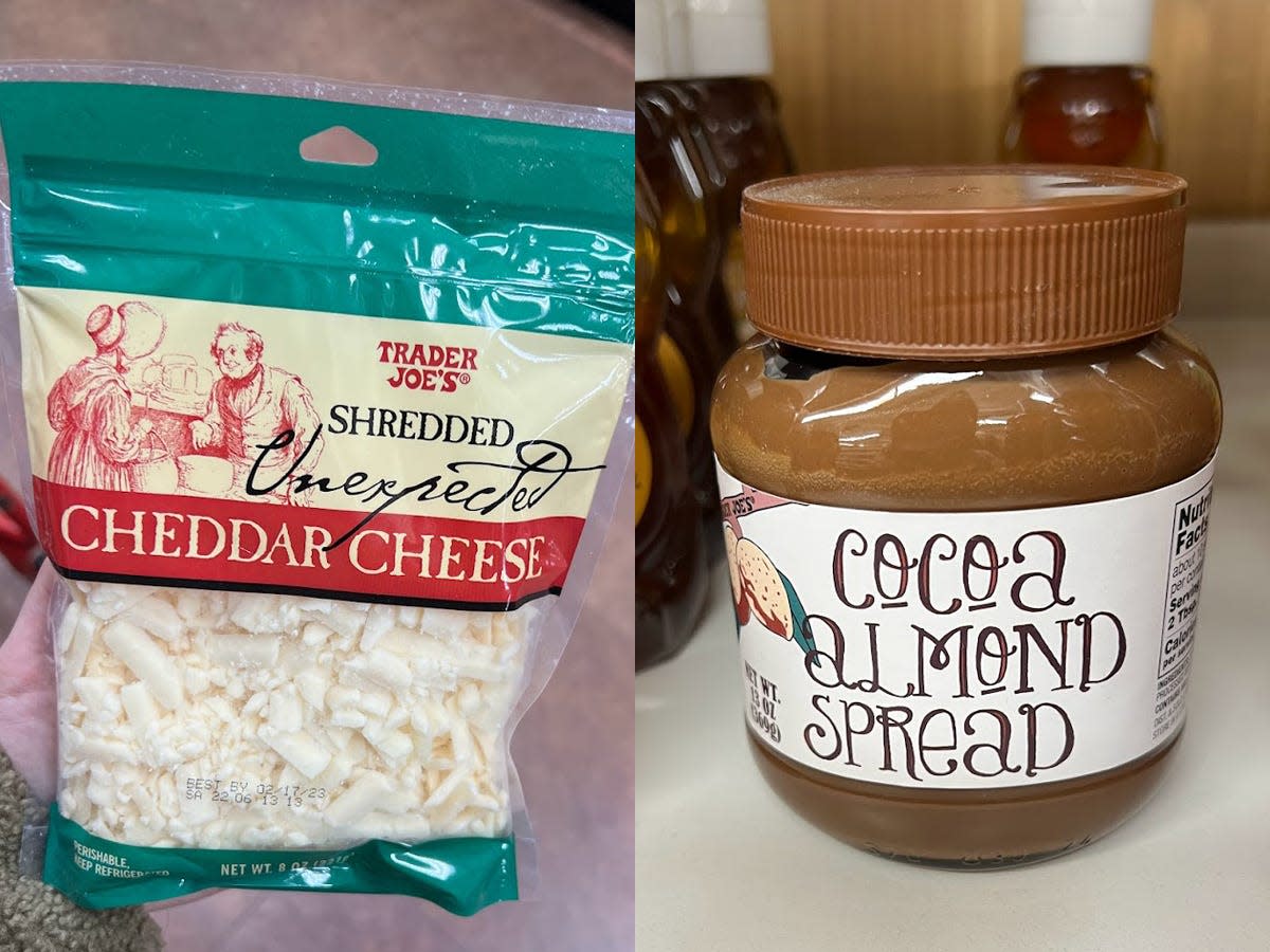 The writer holds a package of shredded Unexpected cheddar cheese at Trader Joe's; A jar of cocoa-almond spread on a shelf at Trader Joe's