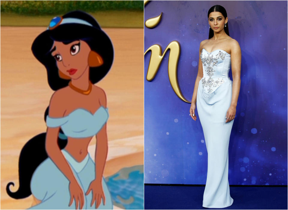 Para la <em>premiere </em>londinense, celebrada el 9 de mayo, Naomi Scott le hizo un guiño a su personaje de la película tras elegir un vestido de Burberry del mismo color que el look más icónico de la princesa. (Foto: Walt Disney Pictures / Henry Nicholls / Reuters).